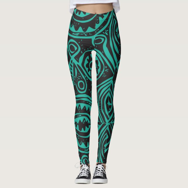 Tiki Polynesian Pattern Black and Green  Leggings (Front)
