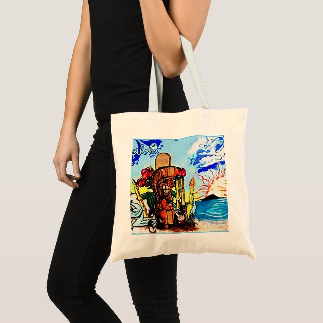 Tiki Statue with Menehune and Hibiscus Tote Bag (Front (Product))