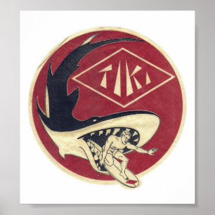 Tiki Surf Shop w/Surfer&Shark on a Poster