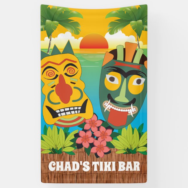 Tiki Time in Bright Colours with Masks & Sunset Banner (Vertical)