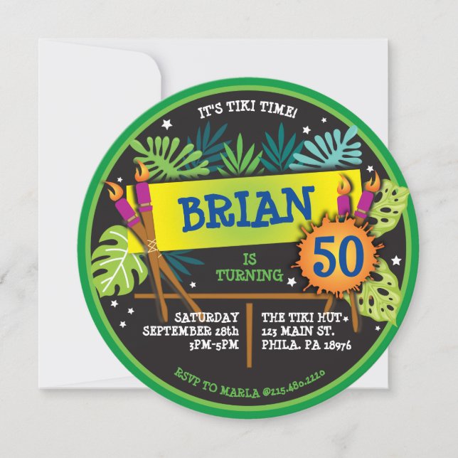 TIKI TIME LUAU  Birthday Party Invitation (Front)