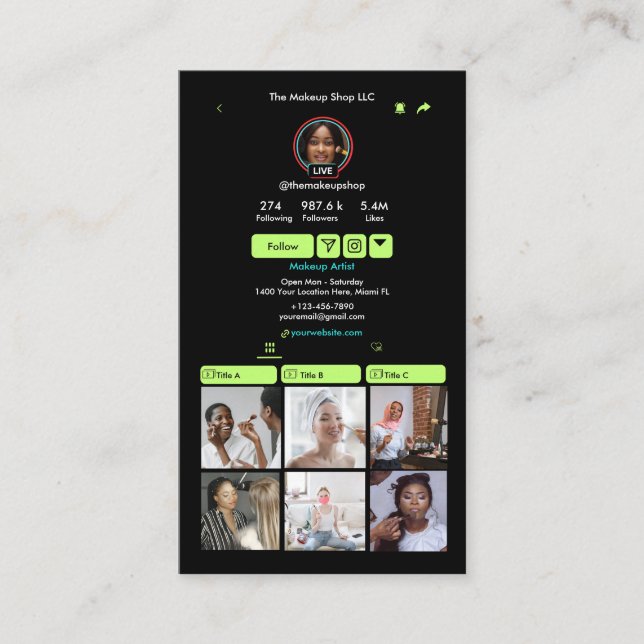 TikTok Lime Green Social Media QR Code Business Card (Front)