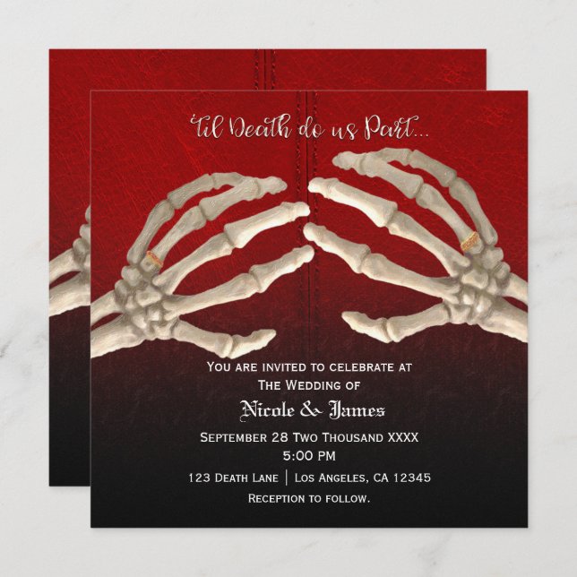 Til Death Blood Red Skeleton Gold Wedding Marriage Invitation (Front/Back)