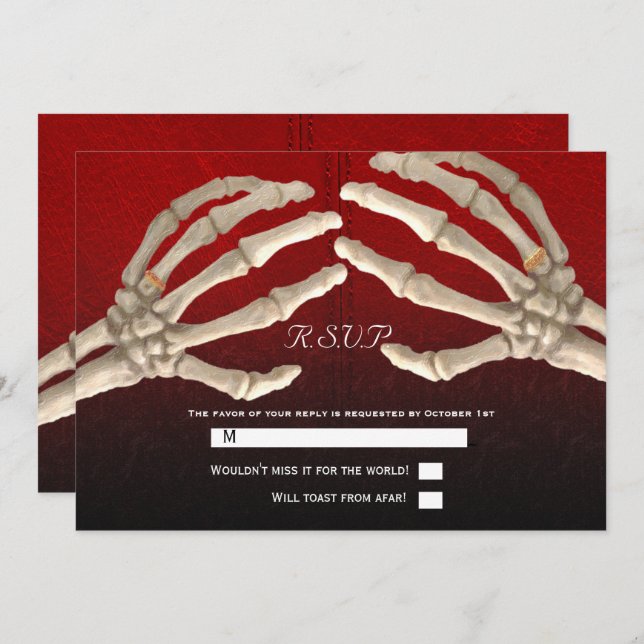 Til Death Blood Red Skeleton Gold Wedding RSVP Invitation (Front/Back)