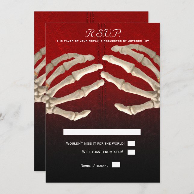 Til Death Blood Red Skeleton Gold Wedding RSVP Invitation (Front/Back)