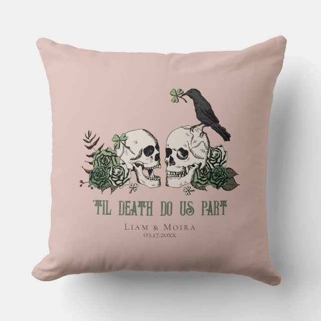 Til Death Blush Pink Gothic Irish Floral Skull Cushion (Front)