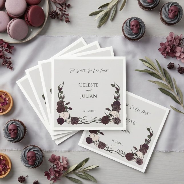 Til Death Do Us Part Gothic Skull & Rose Wedding Napkin (moody maroon and gray floral skull rose soft gothic wedding paper napkins for alternative wedding)