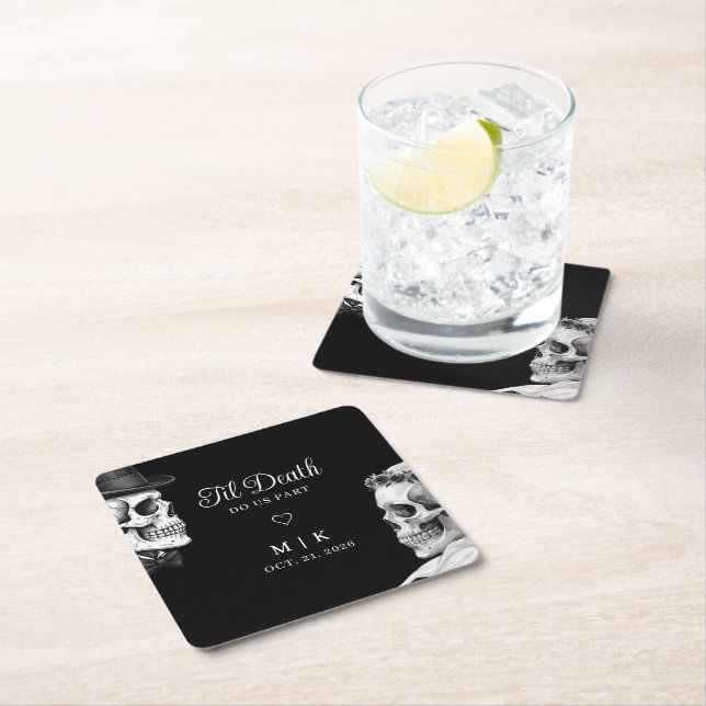 Til Death Do Us Part Gothic Skulls Black Wedding Square Paper Coaster (Insitu)