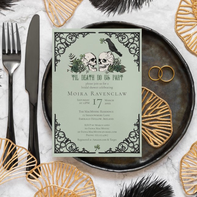 Til Death Do Us Part Mr and Mrs Skulls Green Roses Invitation (Irish Til Death Do Us Part Gothic Goth Bridal Shower Invitation. Hand Drawn Skull, Crow, Green Roses)