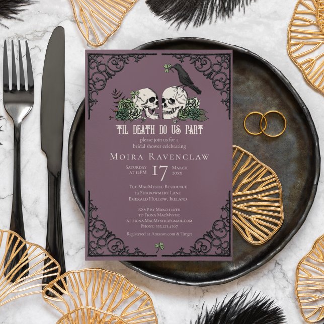 Til Death Do Us Part Mr and Mrs Skulls Green Roses Invitation (Irish Til Death Do Us Part Gothic Goth Bridal Shower Invitation. Hand Drawn Skull, Crow, Green Roses)