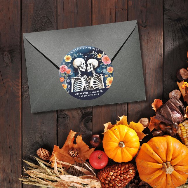 Til Death Do Us Part Skeletons Gothic Wedding Classic Round Sticker (Creator Uploaded)