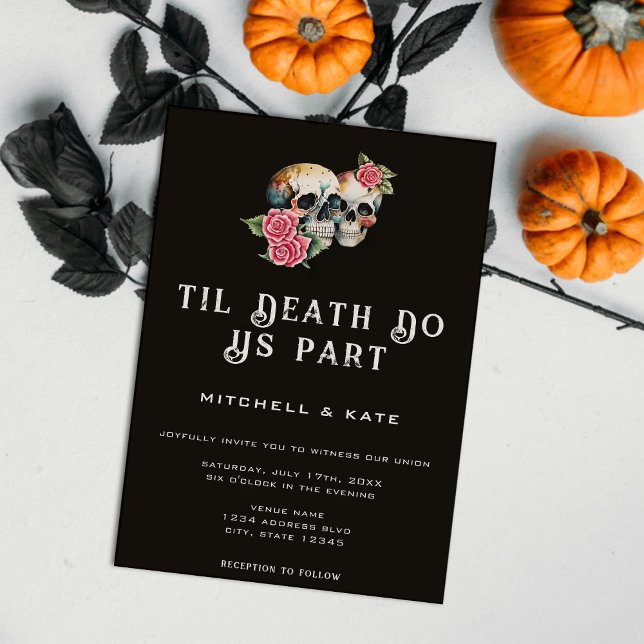 Til Death Do Us Part Skulls & Roses Black Wedding Invitation (Til Death Do Us Part Skulls & Roses Black Wedding Invitation)