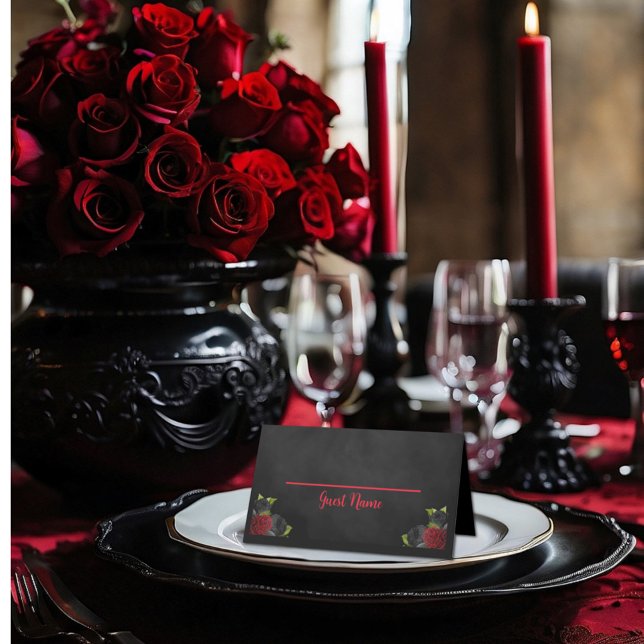 Til Death Do Us Party Gothic Red & Black Roses Pla Place Card (Creator Uploaded)