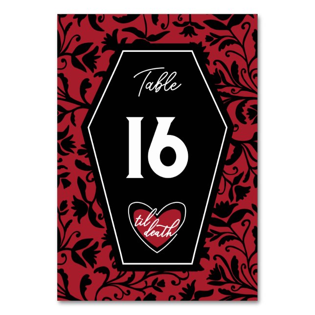 Til Death Goth Wedding Floral & Coffin Table Number (Front)