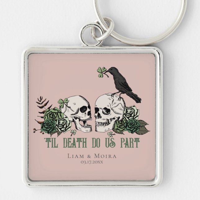 Til Death Gothic Blush Pink Floral Skull Key Ring (Front)