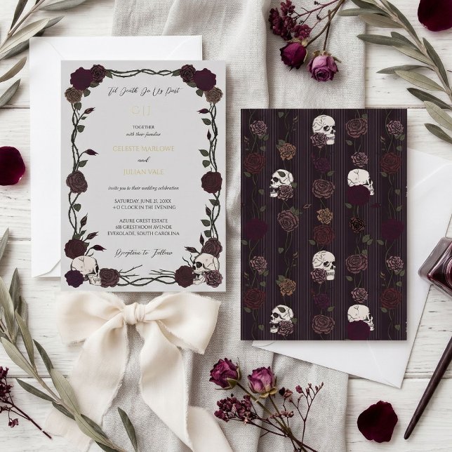Til Death Gothic Burgundy Roses Light Gray Wedding (Moody soft gothic hand-drawn skull and rose til death do us part wedding invitation on silver gray)