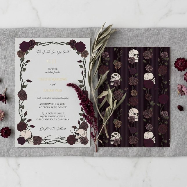 Til Death Gothic Burgundy Roses Light Gray Wedding (Soft Gothic Wedding Invitation featuring Maroon Skulls and Roses with Gold Foil details)