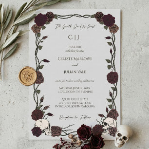 Til Death Gothic Burgundy Roses Light Grey Wedding Invitation