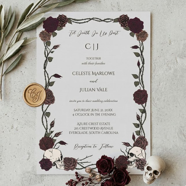 Til Death Gothic Burgundy Roses Light Grey Wedding Invitation (moody Hand-drawn skull and rose 'til death do us part wedding invitation with whimsigoth aesthetic)