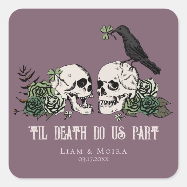 Til Death Gothic Floral Skull Irish Wedding Square Sticker (Front)