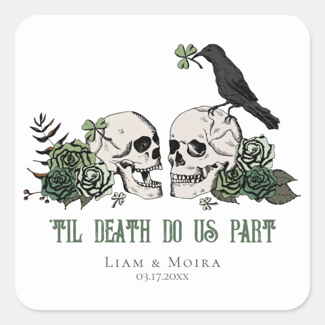 Til Death Gothic Floral Skull Irish Wedding Square Sticker (Front)