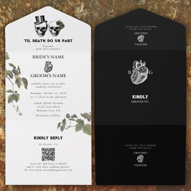 Til Death Gothic Heart Floral Skulls Wedding All In One Invitation (Til Death Gothic Heart Floral Skulls Wedding All In One Invitation)