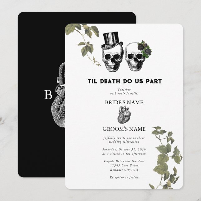 Til Death Gothic Heart Floral Skulls Wedding Invitation (Front/Back)