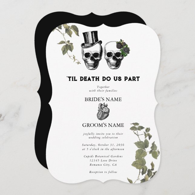 Til Death Gothic Heart Floral Skulls Wedding Invitation (Front/Back)