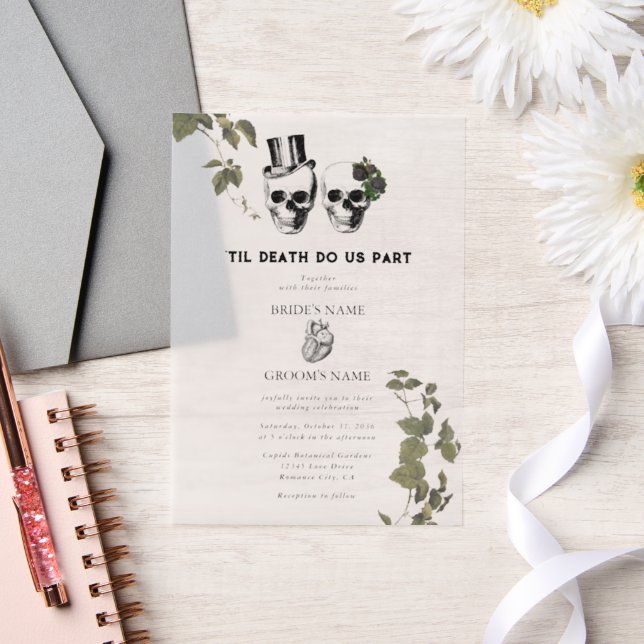 Til Death Gothic Heart Floral Skulls Wedding Vellum Invitations (Wedding)