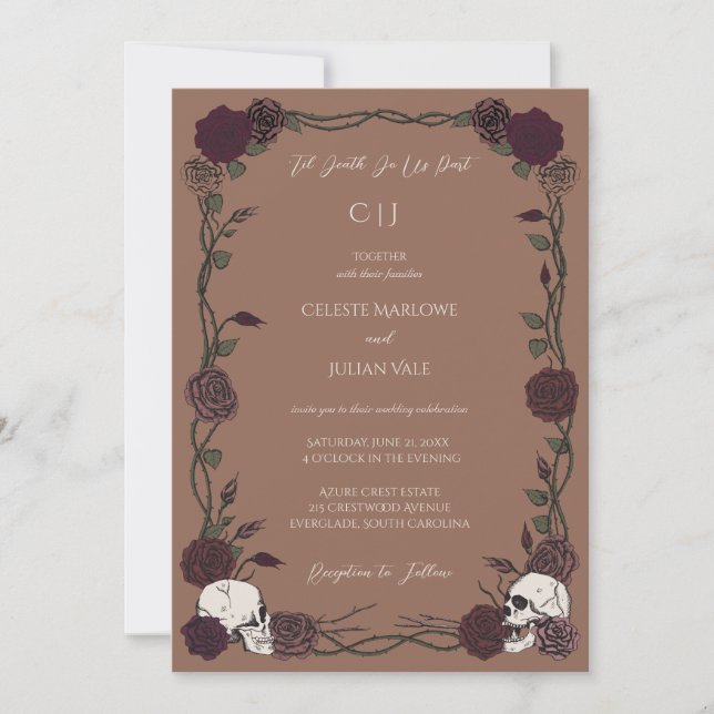 Til Death Gothic Roses Tan Brown Wedding Invitation (Front)