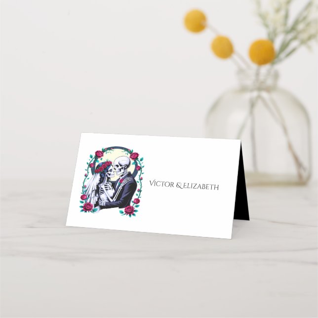 Til Death Gothic Skeleton Couple Pink Rose Wedding Place Card (Front)