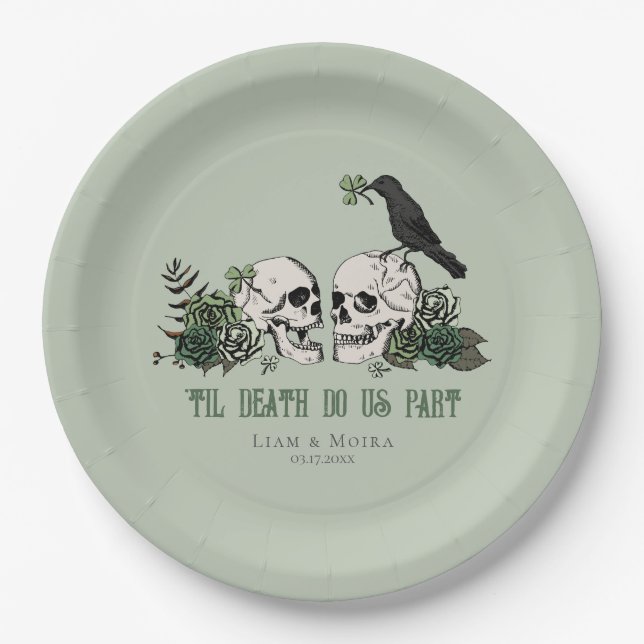 Til Death Gothic St Patricks Day Floral Skull Paper Plate (Front)