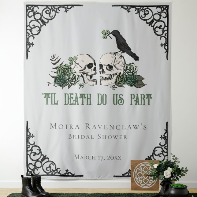 Til Death Green Mr and Mrs Skulls Green Roses Tapestry (Til Death Gray Photo Prop/Booth for Irish Gothic Wedding. Floral Skulls, Green Roses, Black Raven)
