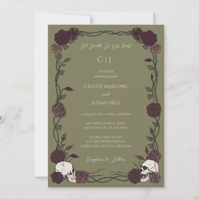 Til Death Olive Green Gothic Rose Wedding Invitation (Front)