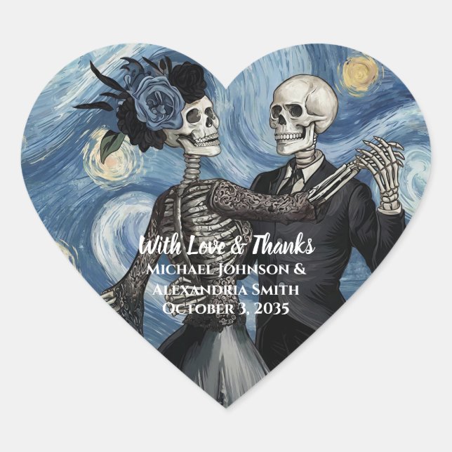 Til Death Skeleton Van Gogh Wedding Favour Heart Sticker (Front)