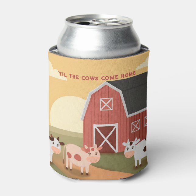 Til the Cows Come Home Three Cows Red Barn Sunset Can Cooler (Can Front)