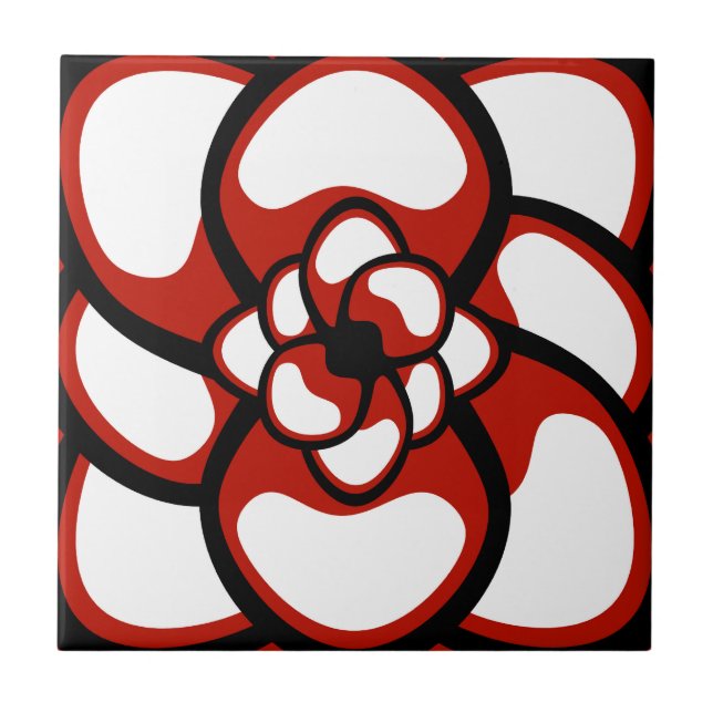 Tile, Abstract Flower 3, Red, Black, White Ceramic Tile (Front)