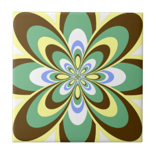 Tile, Abstract Flower 4, Retro Yellow, Brown, Gree Ceramic Tile