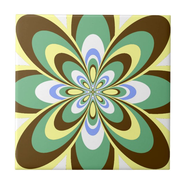 Tile, Abstract Flower 4, Retro Yellow, Brown, Gree Ceramic Tile (Front)