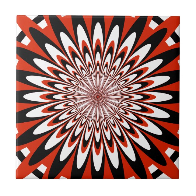 Tile, Abstract Flower 5, Red, Black, White Ceramic Tile (Front)