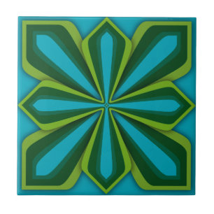 Tile, Abstract Flower, Cyan Chartreuse Green Ceramic Tile
