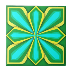 Tile, Abstract Flower, Green Yellow Cyan Ceramic Tile
