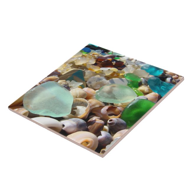 Tile Art Blue Green Beach Seaglass Agates Shells (Side)