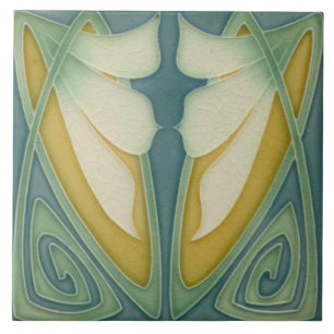 Tile - Art Nouveau Blue Background Ivory Flowers