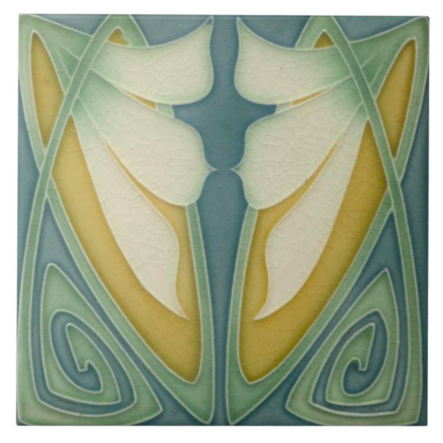 Tile - Art Nouveau Blue Background Ivory Flowers (Front)