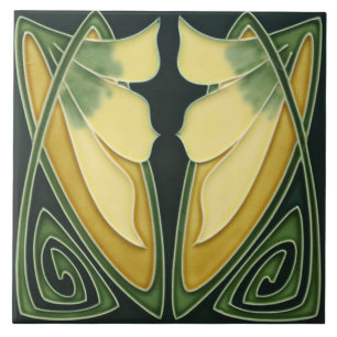 Tile - Art Nouveau Green Background Ivory Flowers