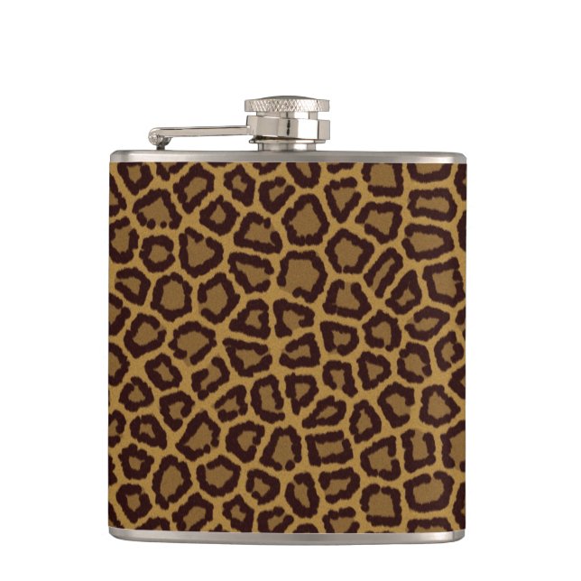 Tile background with a leopard fur hip flask (Front)