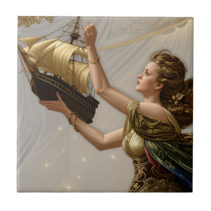 Tile: Boat in Hand, Dress of Wine and Green Ceramic Tile