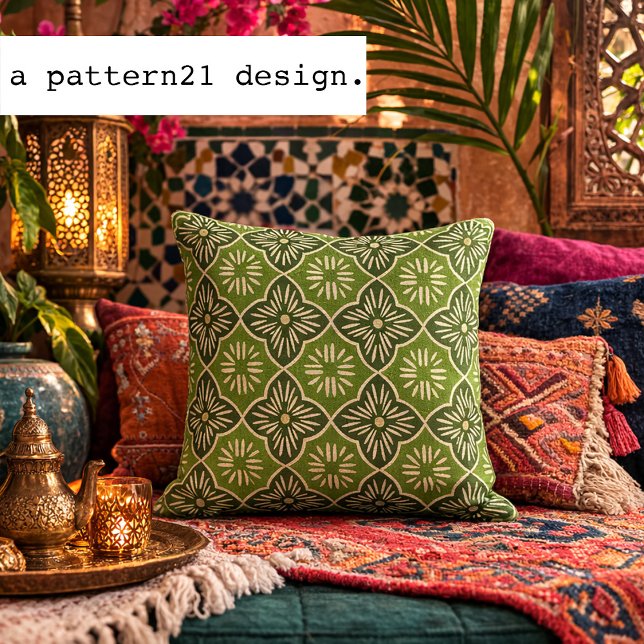 Tile casablanca graphic in green pattern cushion (Inspired by Moroccan tilework, this geometric design adds vibrant global charm to bohemian interiors)