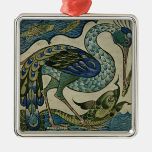 Tile design of heron and fish, by Walter Crane Metal Tree Decoration